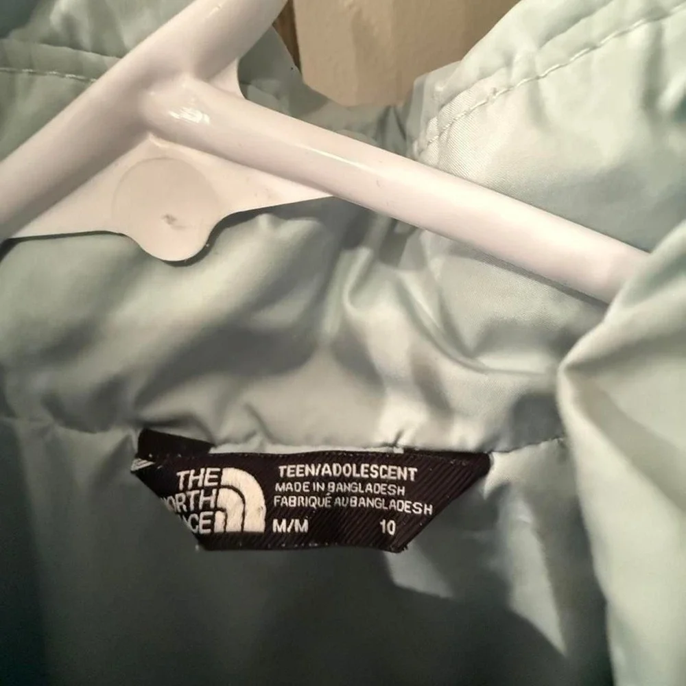 The North Face mint puffer jacket 10, M, some wear on sleeve, shown in photos,
